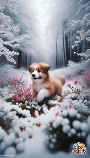 Cute Dogs wallpaper – dog, playful, snowy forest, flowery, mobile wallpaper